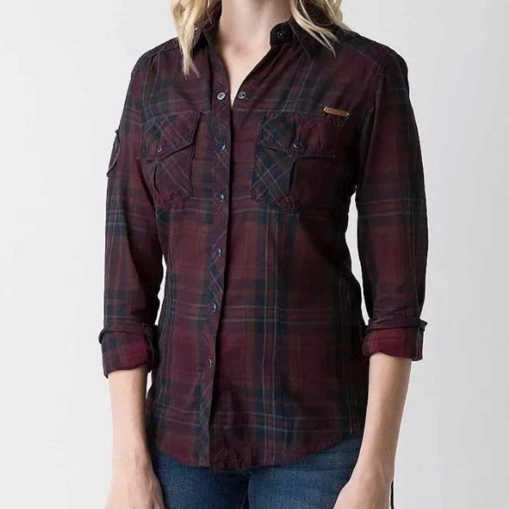 Affliction Black Premium Wisdom Burgundy Plaid Embroidered L/S Pearl Snap Shirt